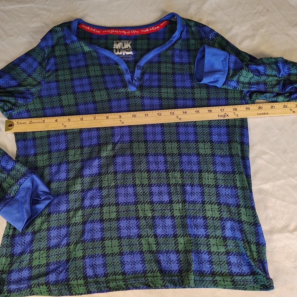Muk Luks Henley Top Womens PS Blue Green Excellent Plaid Long Sleeve Cuffed